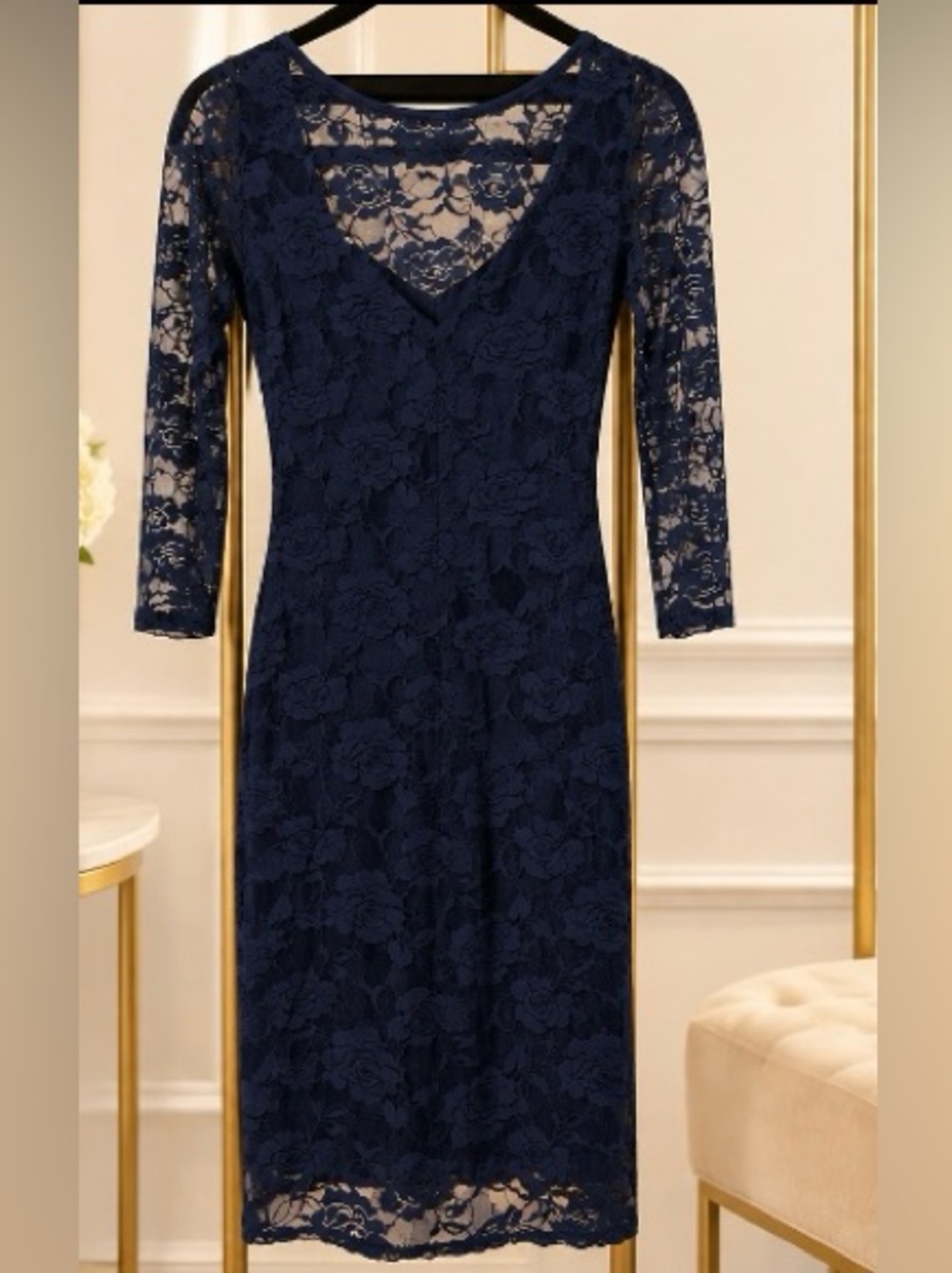 JUX Apparel Navy Blue Lace Dress 3/4 Sheer Sleeves Size 3/4